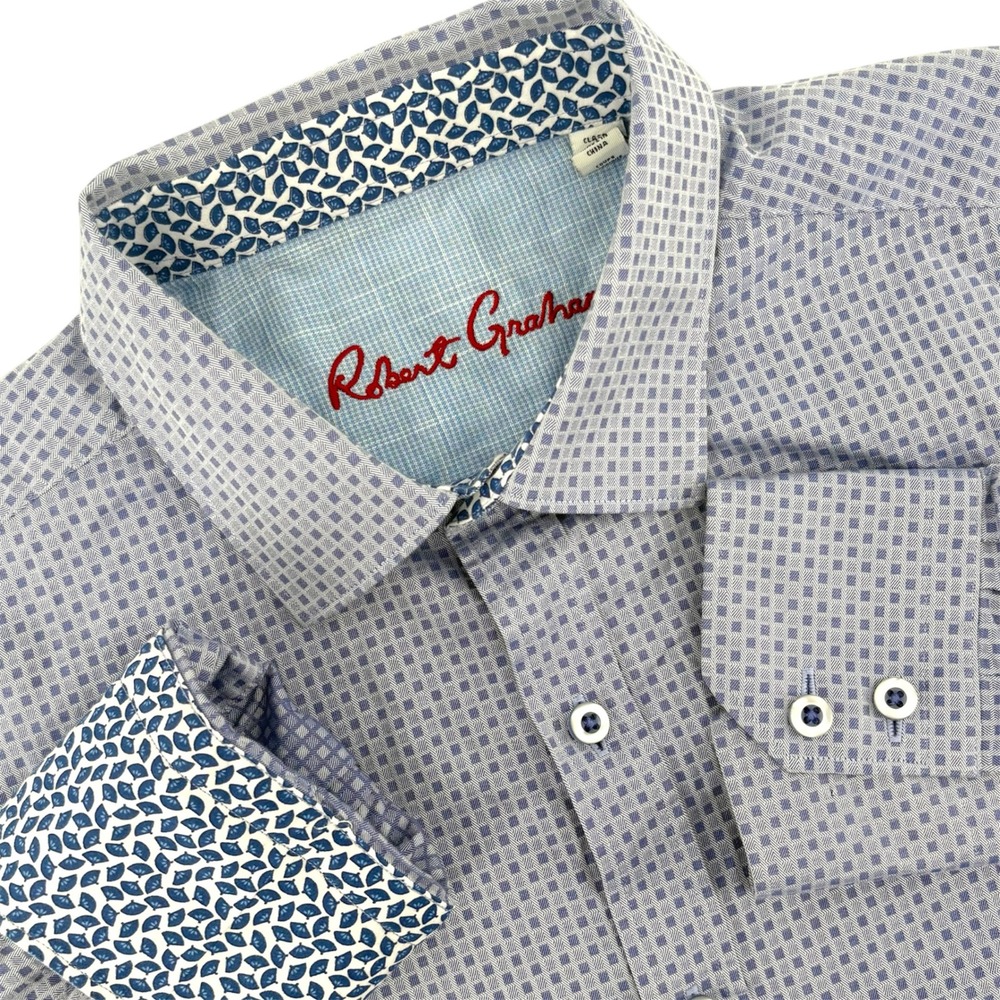 Robert Graham Mens Blue Geometric Classic Fit Cotton Button Down Shirt Large